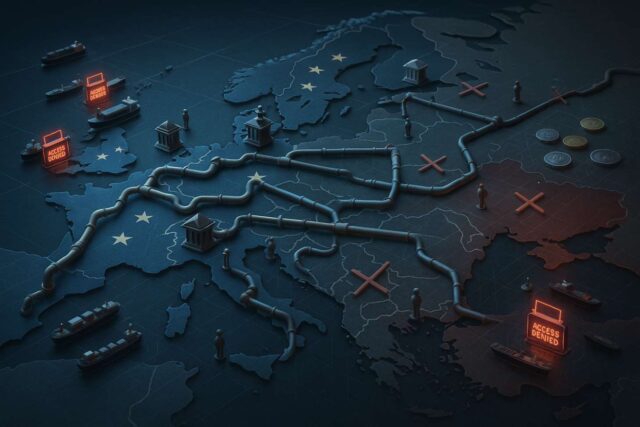 A cinematic editorial illustration showing a strategic board game map of Europe where miniature ships are stopped by “Access Denied” harbor gates, blocked pipelines, and fenced crypto tokens symbolize the EU 19th sanctions package, A7A5 stablecoin ban, and energy trade restrictions.