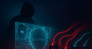 Illustration of North Korean hackers using the EtherHiding technique to hide crypto-stealing malware within blockchain smart contracts, shown as glowing data streams breaching a digital blockchain wall.