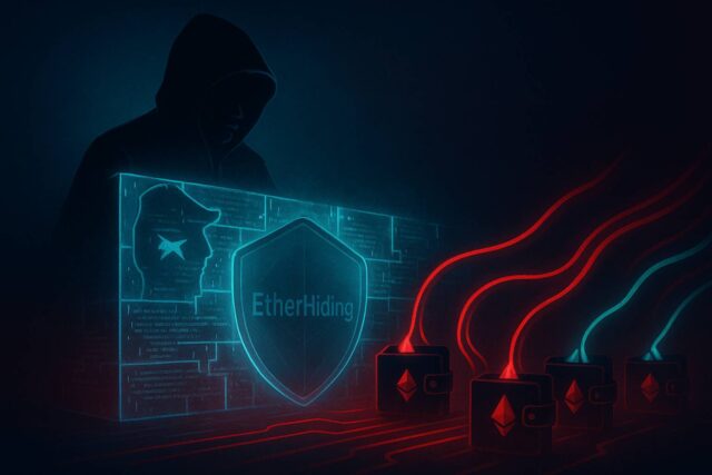 Illustration of North Korean hackers using the EtherHiding technique to hide crypto-stealing malware within blockchain smart contracts, shown as glowing data streams breaching a digital blockchain wall.