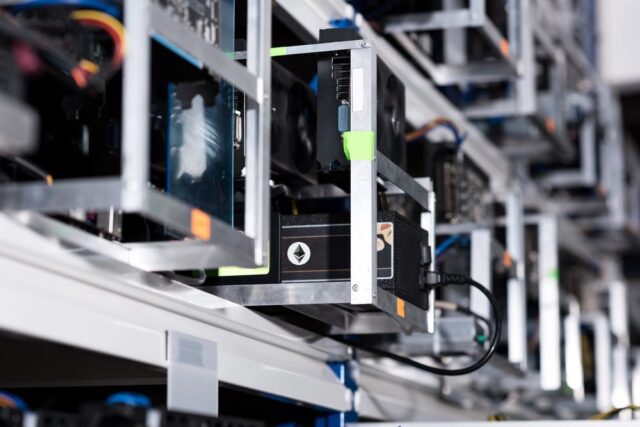 Close-up of Ethereum mining and validation hardware, preparing for the Fusaka hard fork and upcoming mainnet upgrade focused on Layer-2 scalability.