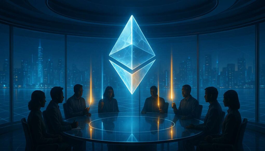 Ethereum-decentralization-dilemma A cinematic 3:2 illustration showing a glowing Ethereum logo above a round glass table surrounded by silhouetted developers and validators. Light beams converge toward the symbol, highlighting Ethereum decentralization and governance imbalance.