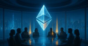 A cinematic 3:2 illustration showing a glowing Ethereum logo above a round glass table surrounded by silhouetted developers and validators. Light beams converge toward the symbol, highlighting Ethereum decentralization and governance imbalance.