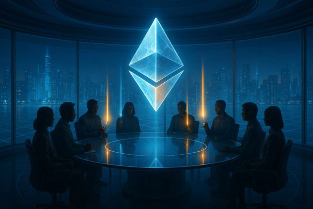 A cinematic 3:2 illustration showing a glowing Ethereum logo above a round glass table surrounded by silhouetted developers and validators. Light beams converge toward the symbol, highlighting Ethereum decentralization and governance imbalance.