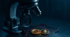 A digital microscope inspects glowing Bitcoin and Ethereum coins on a circuit board shaped like France, surrounded by red laser scan lines and golden EU stars, symbolizing France’s AML checks on crypto exchanges under MiCA and upcoming EU-wide AMLA oversight.