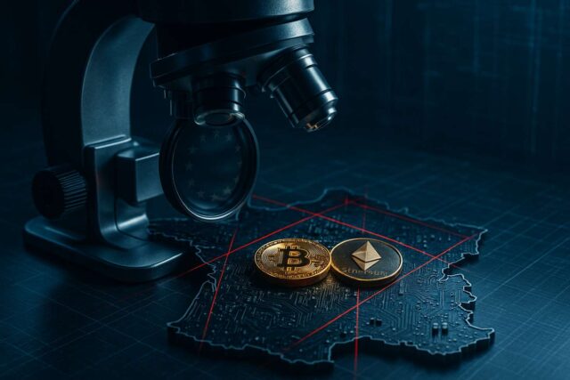 A digital microscope inspects glowing Bitcoin and Ethereum coins on a circuit board shaped like France, surrounded by red laser scan lines and golden EU stars, symbolizing France’s AML checks on crypto exchanges under MiCA and upcoming EU-wide AMLA oversight.