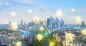 Bright daytime view of Paris La Défense with digital stock ticker and blockchain grid, symbolizing LISE France tokenized stock exchange.