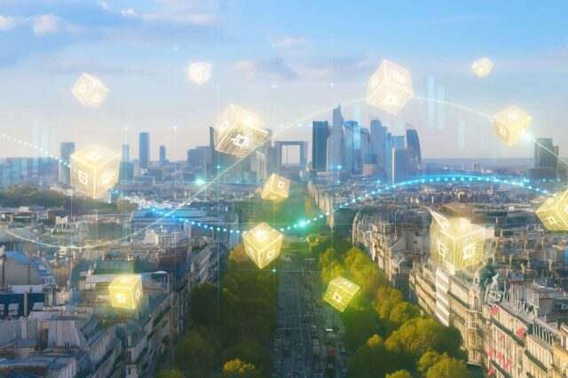 Bright daytime view of Paris La Défense with digital stock ticker and blockchain grid, symbolizing LISE France tokenized stock exchange.
