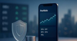 GalaxyOne platform for U.S. investors, phone screen with multi-asset trading, shield for safety, coins for 4% APY cash and premium yield.