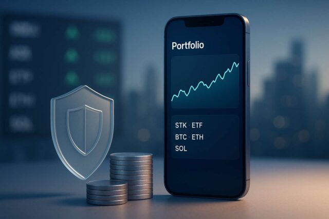 GalaxyOne platform for U.S. investors, phone screen with multi-asset trading, shield for safety, coins for 4% APY cash and premium yield.