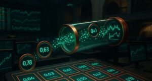 Modern trading floor with an emerald data conduit feeding probability cards, illustrating ICE’s $2B stake and distribution of Polymarket event data.