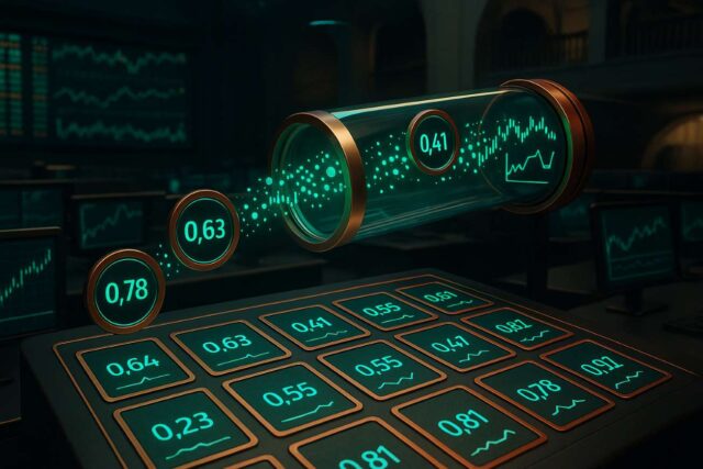 Modern trading floor with an emerald data conduit feeding probability cards, illustrating ICE’s $2B stake and distribution of Polymarket event data.