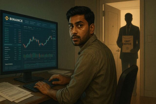 India expands crypto tax crackdown: 400+ Binance traders under investigation for $42M in unpaid taxes Indian crypto trader startled as tax officer delivers CBDT notice, symbolic image of India’s Binance tax probe and crypto crackdown