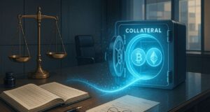 JPMorgan crypto collateral concept — Bitcoin and Ether shown as digital assets pledged in a bank loan setting, symbolizing Wall Street crypto adoption.