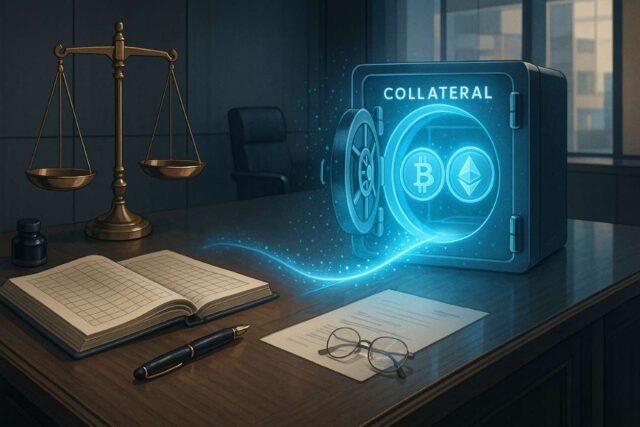JPMorgan crypto collateral concept — Bitcoin and Ether shown as digital assets pledged in a bank loan setting, symbolizing Wall Street crypto adoption.