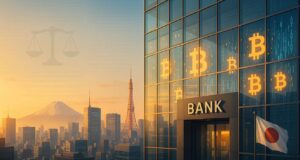 Japan’s financial district blends Bitcoin visuals and legal symbols to depict banks preparing for regulated crypto trading under the new insider trading ban. Illustration.