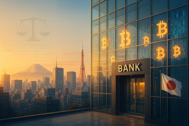 Japan’s financial district blends Bitcoin visuals and legal symbols to depict banks preparing for regulated crypto trading under the new insider trading ban. Illustration.