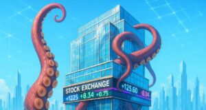 A giant Kraken tentacle rising from a bright ocean and wrapping around a futuristic stock exchange building with glowing digital tickers, symbolizing valuation growth ahead of the Kraken's potential public listing.