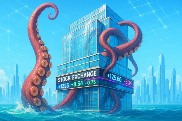 Kraken IPO 2026: Exchange Secures $500M and Eyes $20B Valuation A giant Kraken tentacle rising from a bright ocean and wrapping around a futuristic stock exchange building with glowing digital tickers, symbolizing valuation growth ahead of the Kraken's potential public listing.
