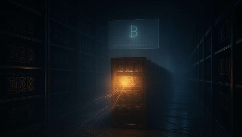 Editorial image of a dark bitcoin data center where one rack glows with warm amber light, thin particle-like data streams flow outward, and a faint holographic wallet projection hovers above, visualizing the LuBian wallet reactivation and movement of 9,757 BTC after three years of dormancy.