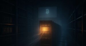 Editorial image of a dark bitcoin data center where one rack glows with warm amber light, thin particle-like data streams flow outward, and a faint holographic wallet projection hovers above, visualizing the LuBian wallet reactivation and movement of 9,757 BTC after three years of dormancy.
