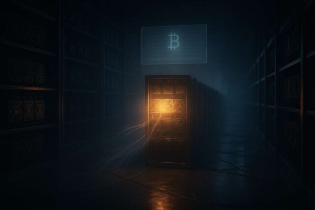 Editorial image of a dark bitcoin data center where one rack glows with warm amber light, thin particle-like data streams flow outward, and a faint holographic wallet projection hovers above, visualizing the LuBian wallet reactivation and movement of 9,757 BTC after three years of dormancy.