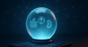 MetaMask Polymarket integration illustration showing a digital crystal ball above a crypto wallet, symbolizing on-chain prediction markets.