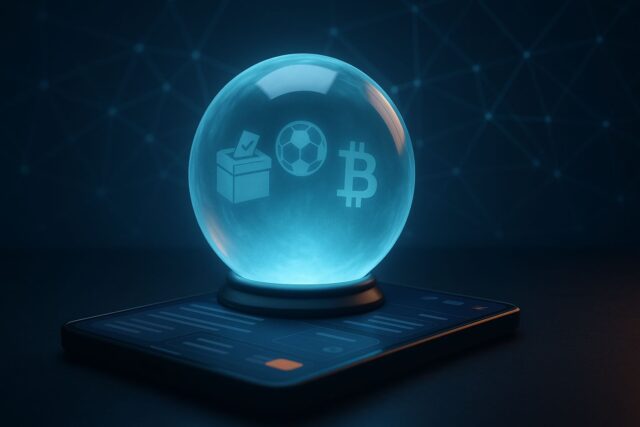 MetaMask integrates Polymarket for in-wallet prediction markets MetaMask Polymarket integration illustration showing a digital crystal ball above a crypto wallet, symbolizing on-chain prediction markets.