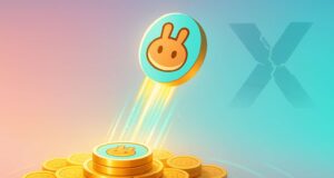 Futuristic illustration of the PancakeSwap CakePad launch showing a CAKE token lifting from a golden digital launchpad with pastel pink, turquoise, and gold tones, symbolizing market growth after the X account hack.