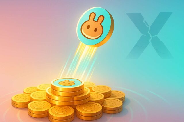 Futuristic illustration of the PancakeSwap CakePad launch showing a CAKE token lifting from a golden digital launchpad with pastel pink, turquoise, and gold tones, symbolizing market growth after the X account hack.