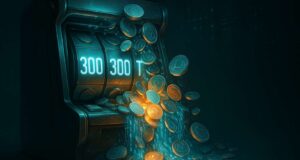 A futuristic blockchain-themed slot machine overflowing with glowing PYUSD coins and digital data streams, symbolizing the Paxos minting error and the risks of automation in stablecoin systems.