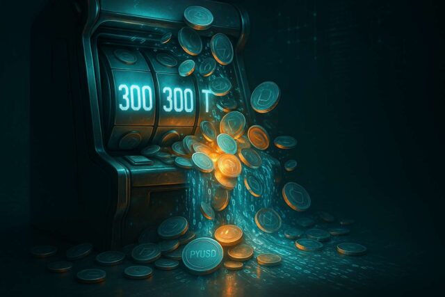 A futuristic blockchain-themed slot machine overflowing with glowing PYUSD coins and digital data streams, symbolizing the Paxos minting error and the risks of automation in stablecoin systems.