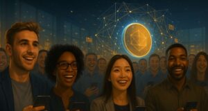 A diverse, excited audience watches a glowing holographic display of abstract polygonal shapes at a modern tech event, symbolizing anticipation for the Polymarket POLY token launch. The bright blue and gold light reflects on their faces, capturing the optimism and energy of a digital product reveal.