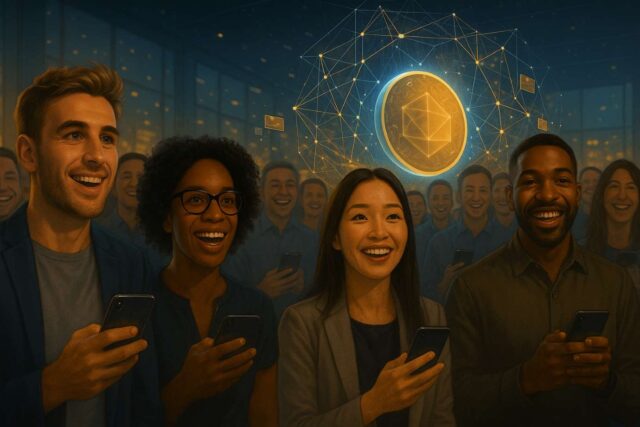 A diverse, excited audience watches a glowing holographic display of abstract polygonal shapes at a modern tech event, symbolizing anticipation for the Polymarket POLY token launch. The bright blue and gold light reflects on their faces, capturing the optimism and energy of a digital product reveal.