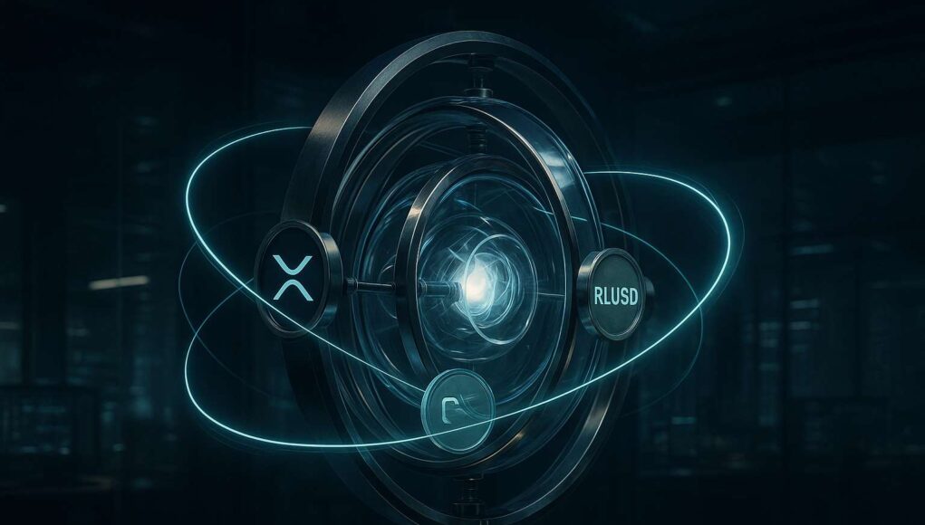 Ripple GTreasury acquisition illustrated as a futuristic liquidity engine, showing XRP and RLUSD flows symbolizing blockchain integration into corporate treasury systems.