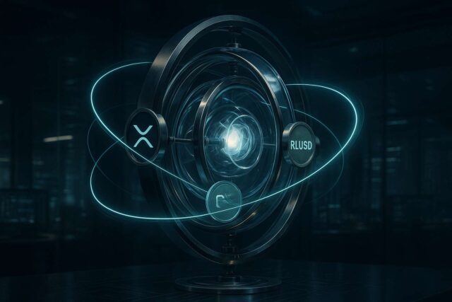 Ripple GTreasury acquisition illustrated as a futuristic liquidity engine, showing XRP and RLUSD flows symbolizing blockchain integration into corporate treasury systems.