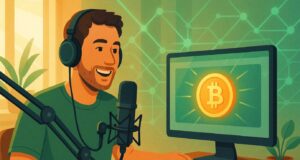 A smiling Rumble creator receives a glowing Bitcoin tip on their video screen, symbolizing the new Tether-powered Bitcoin tipping feature that enables global crypto payments for content creators.