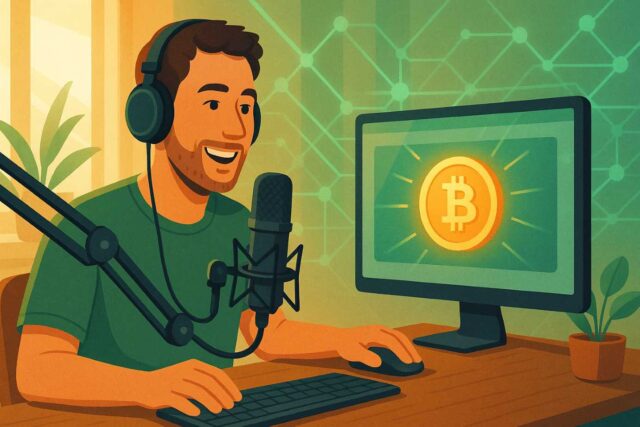A smiling Rumble creator receives a glowing Bitcoin tip on their video screen, symbolizing the new Tether-powered Bitcoin tipping feature that enables global crypto payments for content creators.