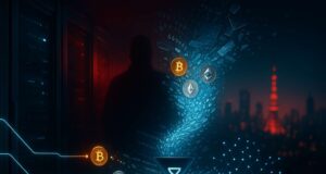 SBI Crypto hack concept art showing a swirling hex-grid tornado anonymizing Bitcoin, Ethereum, and Dogecoin while on-chain traces split toward micro-wallets.