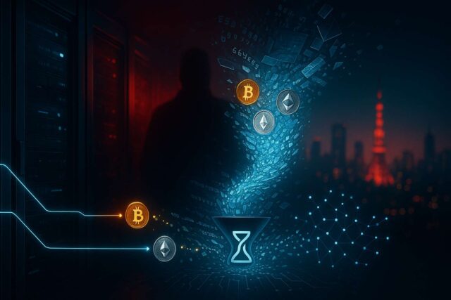 SBI Crypto hack concept art showing a swirling hex-grid tornado anonymizing Bitcoin, Ethereum, and Dogecoin while on-chain traces split toward micro-wallets.