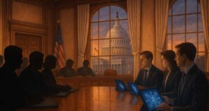 Lawmakers and crypto executives meet at Capitol Hill to attend Senate Democrats crypto meeting. Editorial illustration.