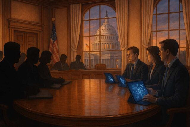 Lawmakers and crypto executives meet at Capitol Hill to attend Senate Democrats crypto meeting. Editorial illustration.