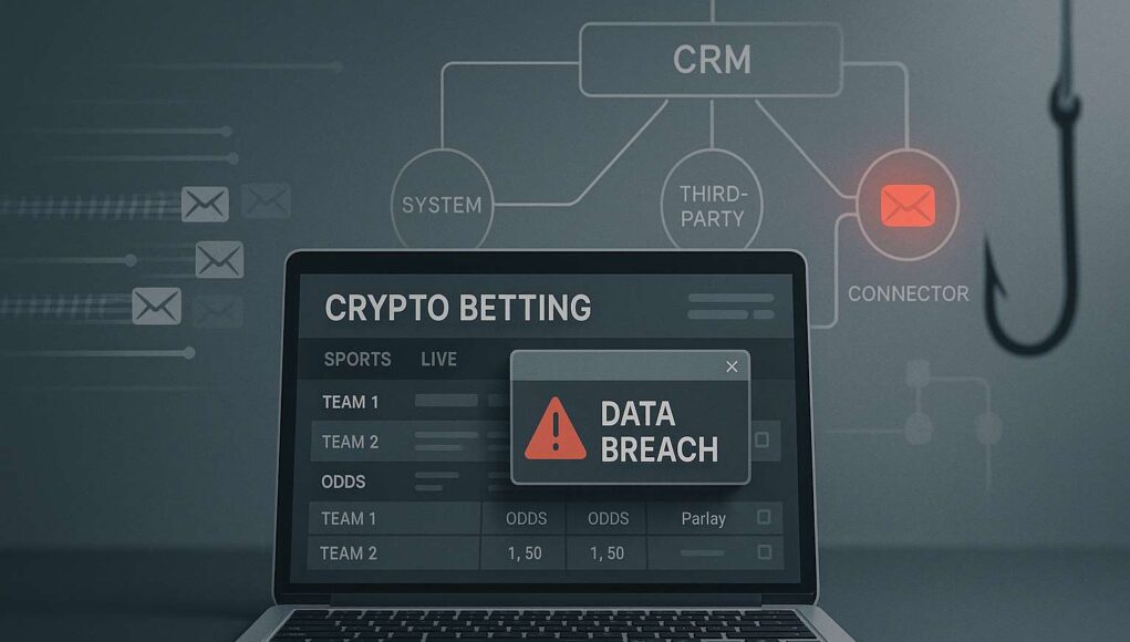 Shuffle.com data breach alert on laptop screen, showing crypto betting dashboard and red warning, hinting at third-party CRM vulnerability.