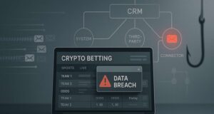 Shuffle.com data breach alert on laptop screen, showing crypto betting dashboard and red warning, hinting at third-party CRM vulnerability.