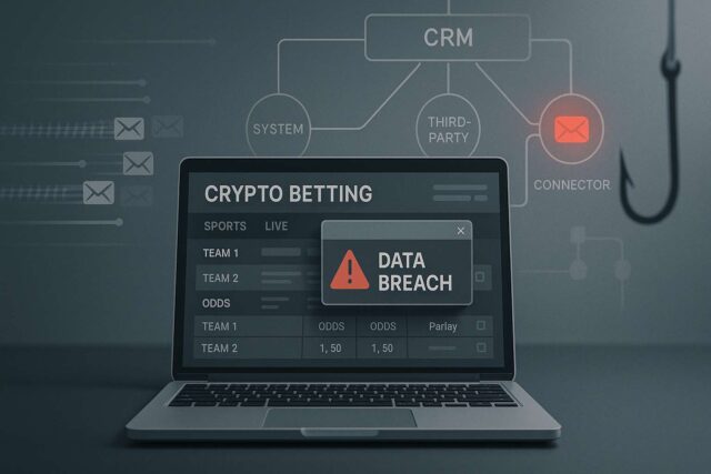 Shuffle.com Confirms User Data Leak After Partner Breach — Wallets Remain Secure Shuffle.com data breach alert on laptop screen, showing crypto betting dashboard and red warning, hinting at third-party CRM vulnerability.
