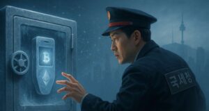South Korean tax inspector reaching toward a glowing hardware crypto wallet locked in an icy digital safe, symbolizing the South Korea crypto tax crackdown and cold wallet seizure enforcement.