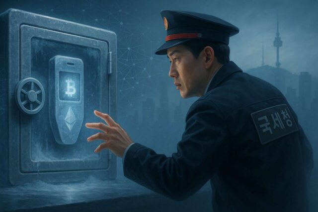 South Korea’s Cold-Wallet Crackdown: How Far Can Tax Authorities Go? South Korean tax inspector reaching toward a glowing hardware crypto wallet locked in an icy digital safe, symbolizing the South Korea crypto tax crackdown and cold wallet seizure enforcement.