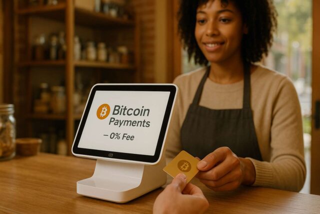 Editorial image of a customer paying with Bitcoin at a small business using a Square terminal displaying “Bitcoin Payments — 0% Fee,” symbolizing Square’s Bitcoin payments rollout across U.S. merchants.