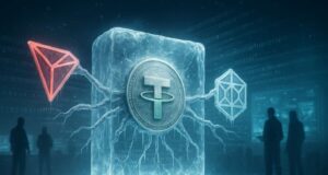 Editorial illustration showing a Tether coin frozen in ice and connected by digital cables to TRON and TRM Labs logos, symbolizing the T3 Financial Crime Unit’s $300 million freeze of illicit crypto assets across the USDT-TRON network.