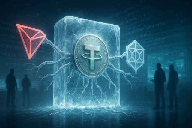 Editorial illustration showing a Tether coin frozen in ice and connected by digital cables to TRON and TRM Labs logos, symbolizing the T3 Financial Crime Unit’s $300 million freeze of illicit crypto assets across the USDT-TRON network.