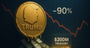 Illustration of a cracked gold coin labeled “TRUMP” tilting downward as dollar bills flow into a glowing digital vault marked “$200M Treasury,” symbolizing the Trump meme coin’s rescue plan after a 90% price drop.